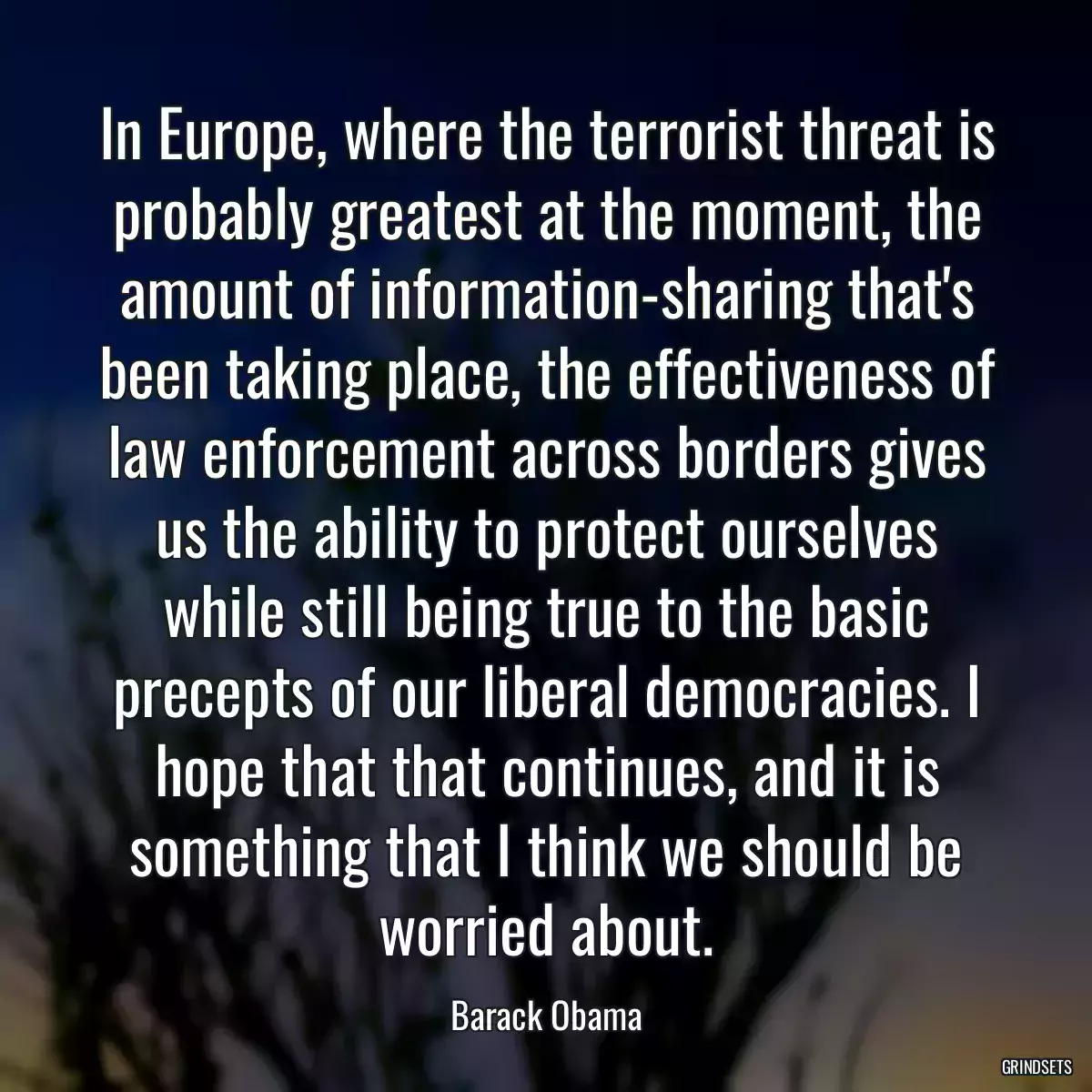 In Europe, where the terrorist threat is probably greatest at the moment, the amount of information-sharing that\'s been taking place, the effectiveness of law enforcement across borders gives us the ability to protect ourselves while still being true to the basic precepts of our liberal democracies. I hope that that continues, and it is something that I think we should be worried about.