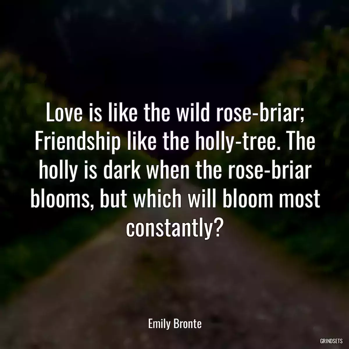 Love is like the wild rose-briar; Friendship like the holly-tree. The holly is dark when the rose-briar blooms, but which will bloom most constantly?