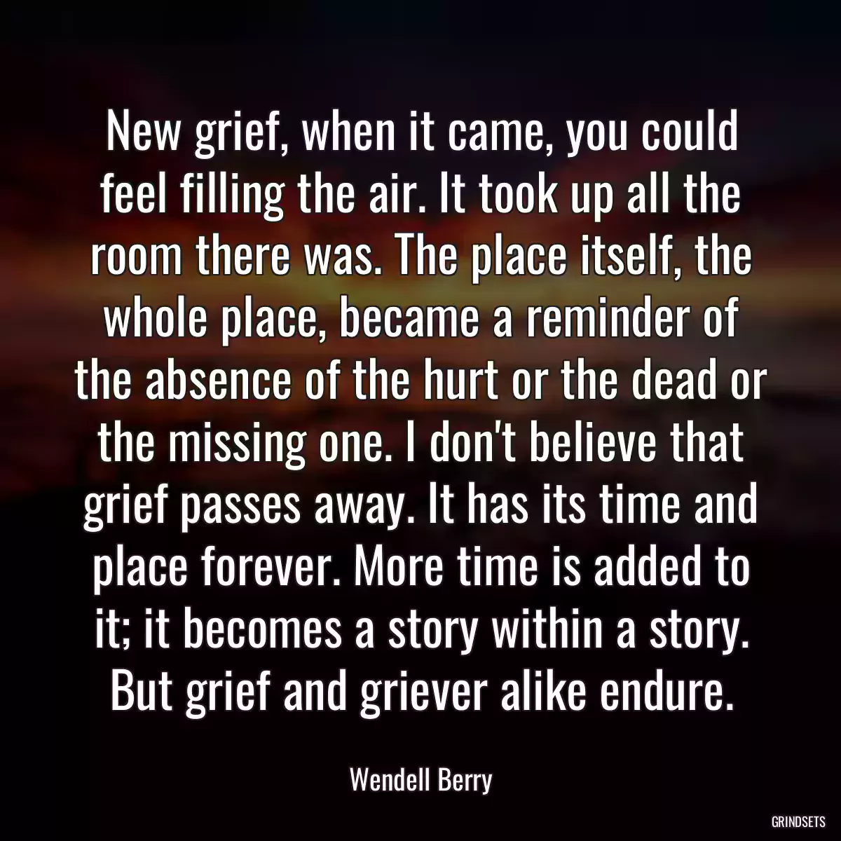 New grief, when it came, you could feel filling the air. It took up all the room there was. The place itself, the whole place, became a reminder of the absence of the hurt or the dead or the missing one. I don\'t believe that grief passes away. It has its time and place forever. More time is added to it; it becomes a story within a story. But grief and griever alike endure.