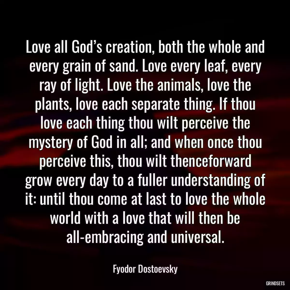 Love all God’s creation, both the whole and every grain of sand. Love every leaf, every ray of light. Love the animals, love the plants, love each separate thing. If thou love each thing thou wilt perceive the mystery of God in all; and when once thou perceive this, thou wilt thenceforward grow every day to a fuller understanding of it: until thou come at last to love the whole world with a love that will then be all-embracing and universal.