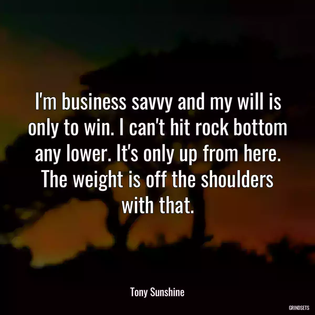 I\'m business savvy and my will is only to win. I can\'t hit rock bottom any lower. It\'s only up from here. The weight is off the shoulders with that.