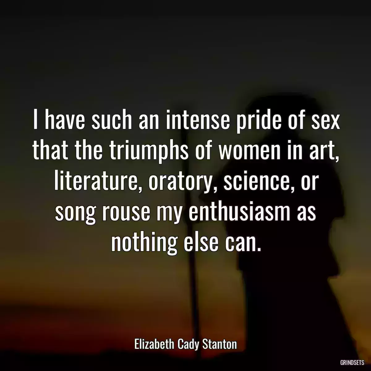 I have such an intense pride of sex that the triumphs of women in art, literature, oratory, science, or song rouse my enthusiasm as nothing else can.