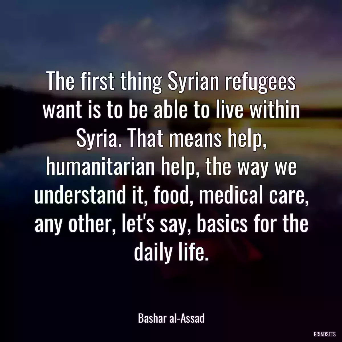 The first thing Syrian refugees want is to be able to live within Syria. That means help, humanitarian help, the way we understand it, food, medical care, any other, let\'s say, basics for the daily life.