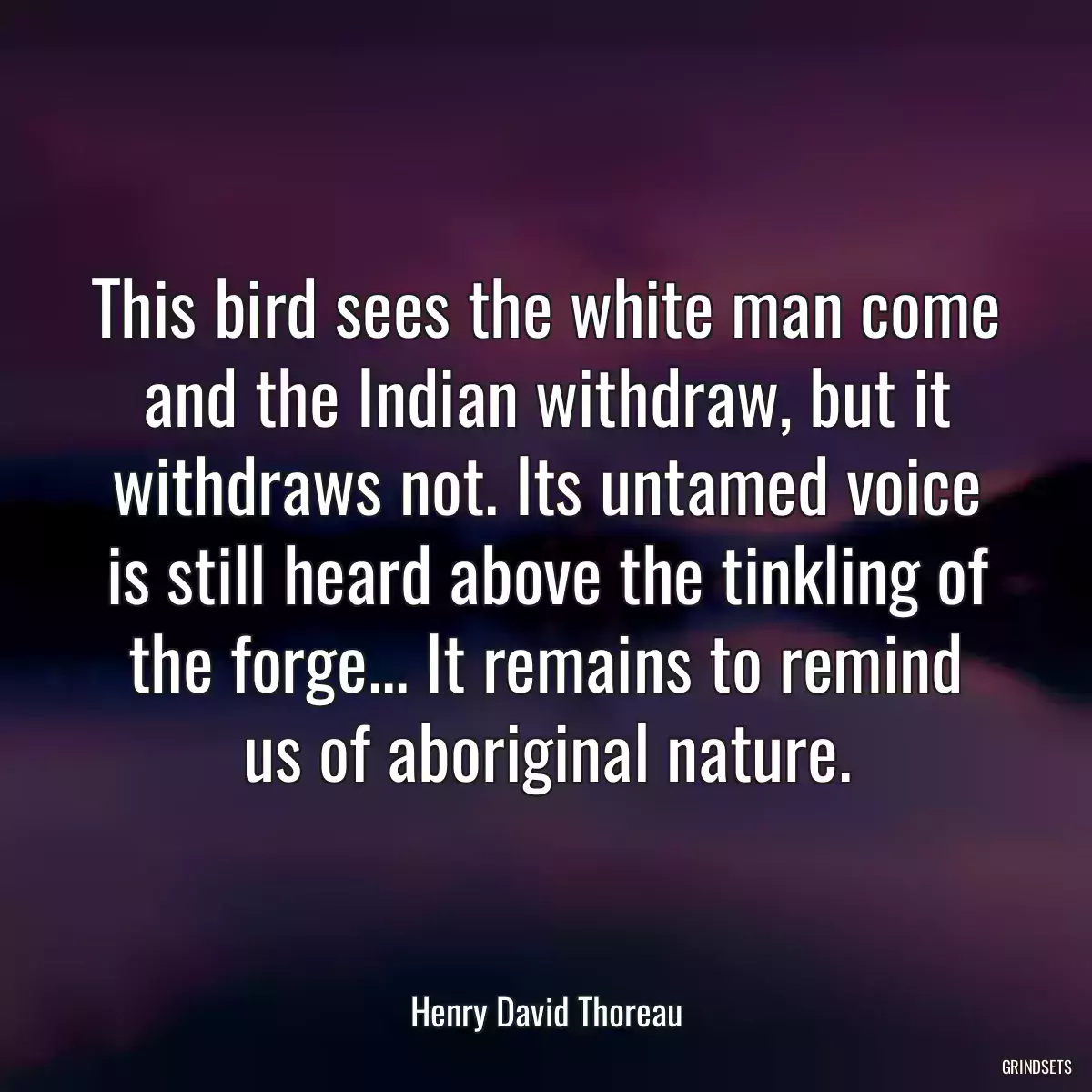 This bird sees the white man come and the Indian withdraw, but it withdraws not. Its untamed voice is still heard above the tinkling of the forge... It remains to remind us of aboriginal nature.