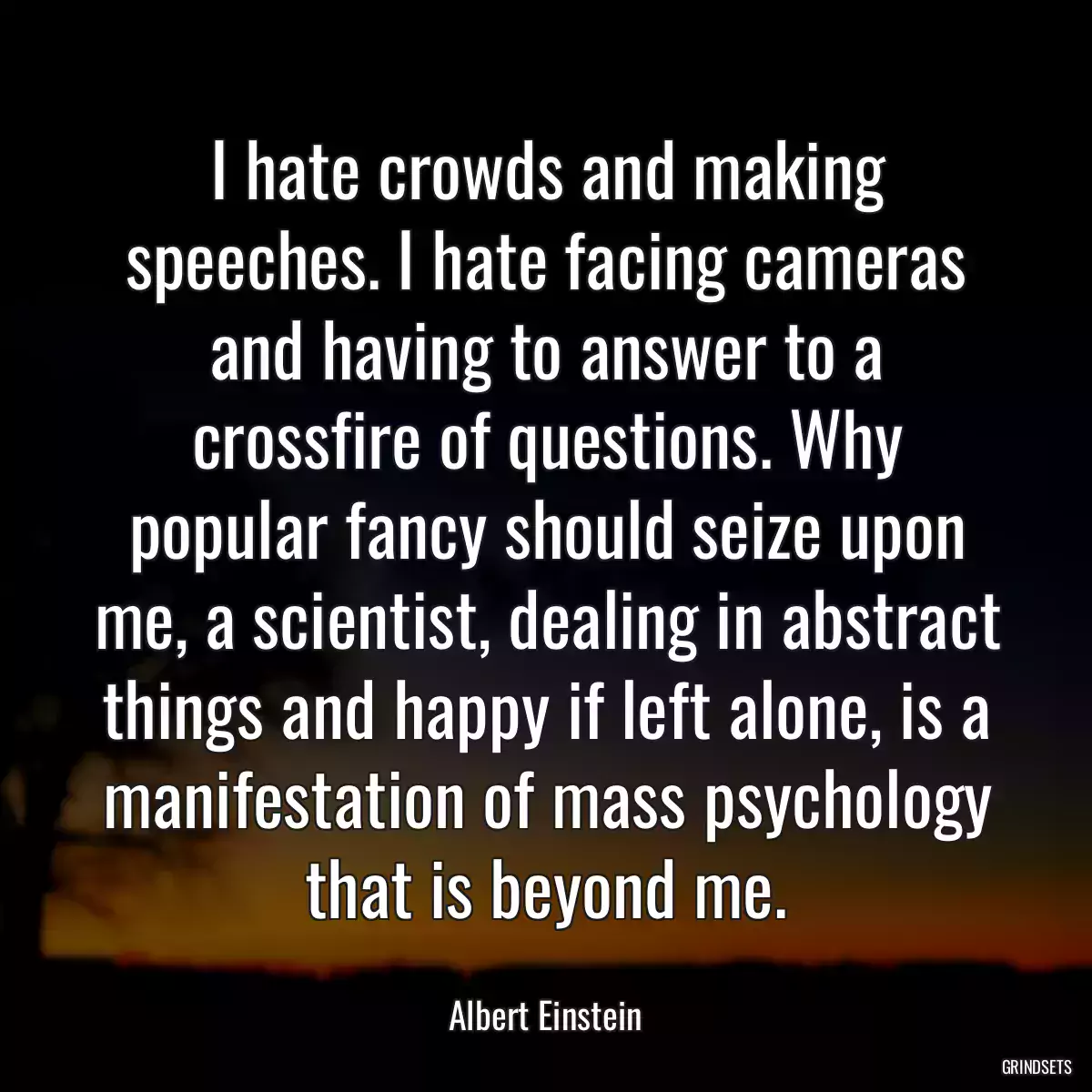 I hate crowds and making speeches. I hate facing cameras and having to answer to a crossfire of questions. Why popular fancy should seize upon me, a scientist, dealing in abstract things and happy if left alone, is a manifestation of mass psychology that is beyond me.