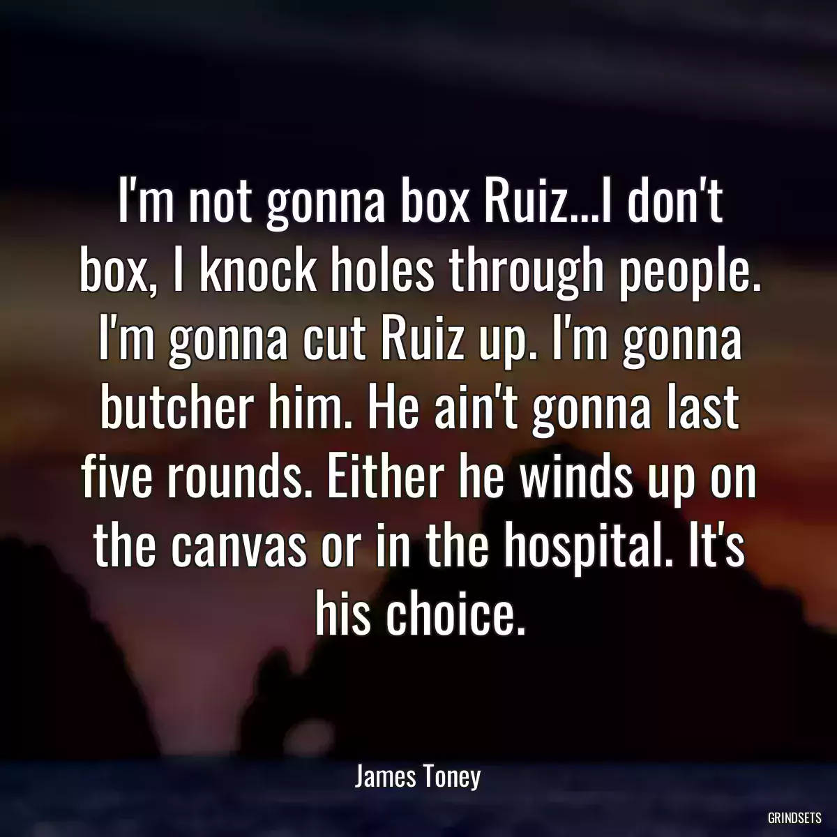 I\'m not gonna box Ruiz...I don\'t box, I knock holes through people. I\'m gonna cut Ruiz up. I\'m gonna butcher him. He ain\'t gonna last five rounds. Either he winds up on the canvas or in the hospital. It\'s his choice.