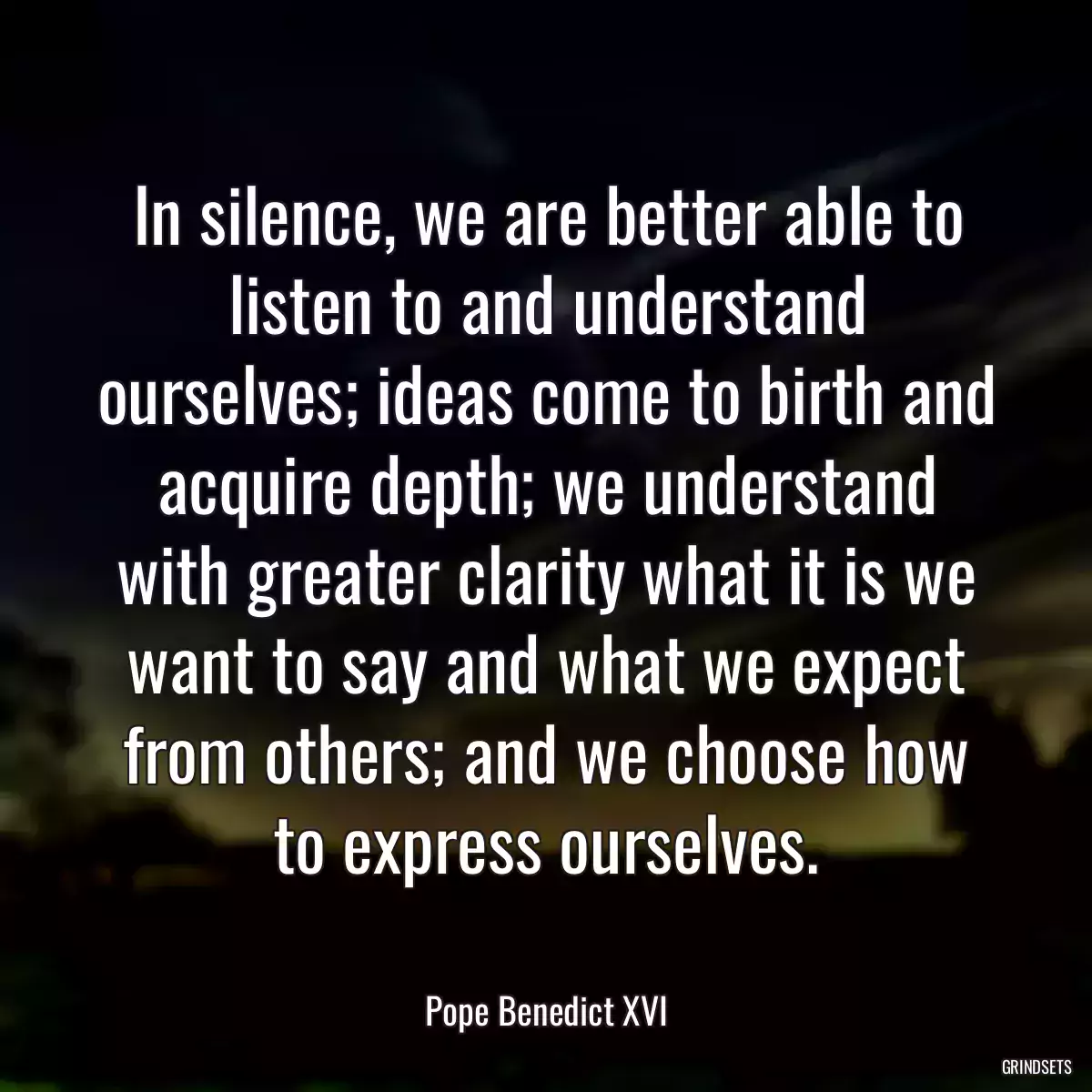 In silence, we are better able to listen to and understand ourselves; ideas come to birth and acquire depth; we understand with greater clarity what it is we want to say and what we expect from others; and we choose how to express ourselves.