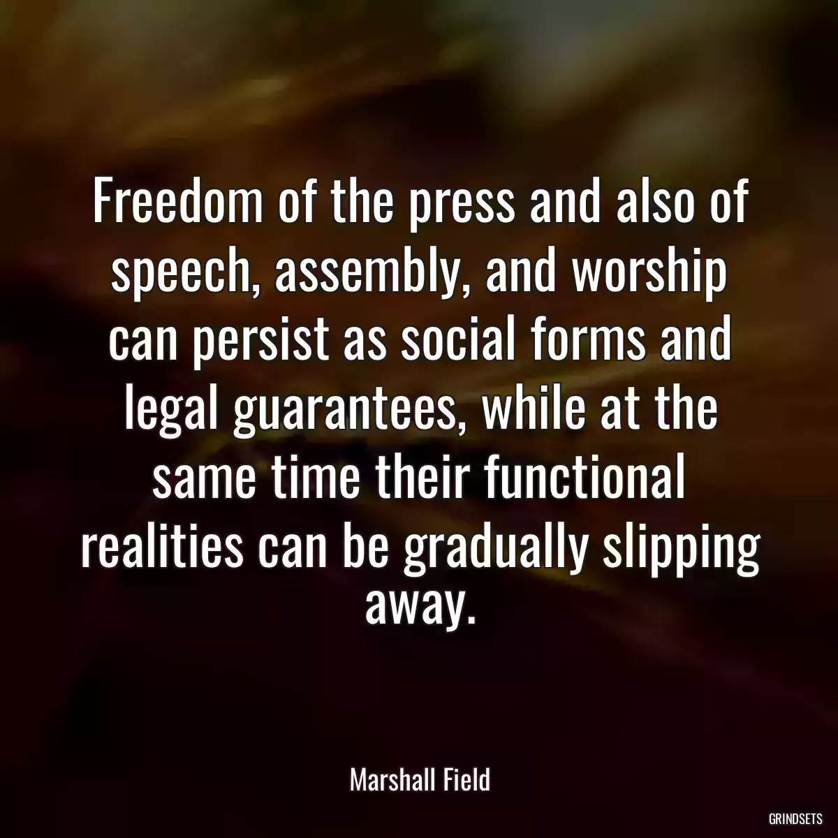 Freedom of the press and also of speech, assembly, and worship can persist as social forms and legal guarantees, while at the same time their functional realities can be gradually slipping away.