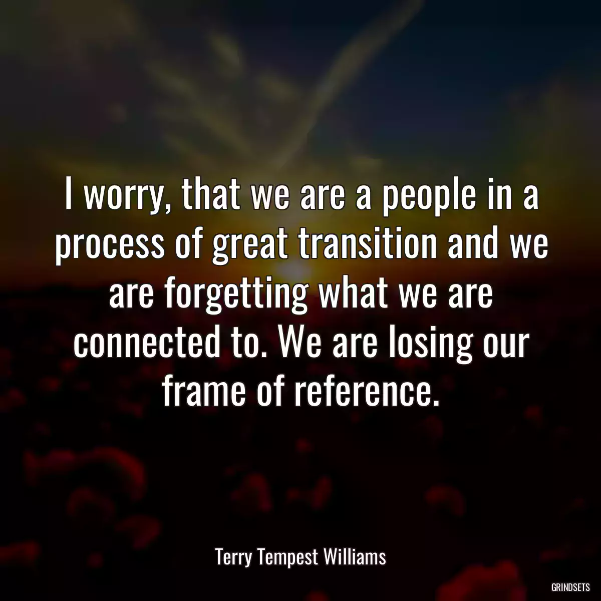 I worry, that we are a people in a process of great transition and we are forgetting what we are connected to. We are losing our frame of reference.