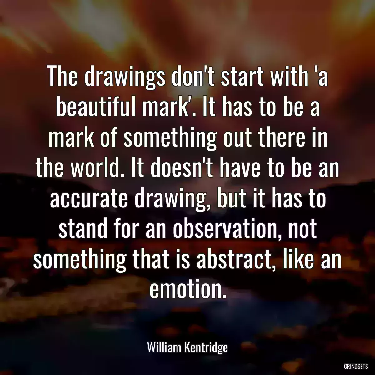 The drawings don\'t start with \'a beautiful mark\'. It has to be a mark of something out there in the world. It doesn\'t have to be an accurate drawing, but it has to stand for an observation, not something that is abstract, like an emotion.