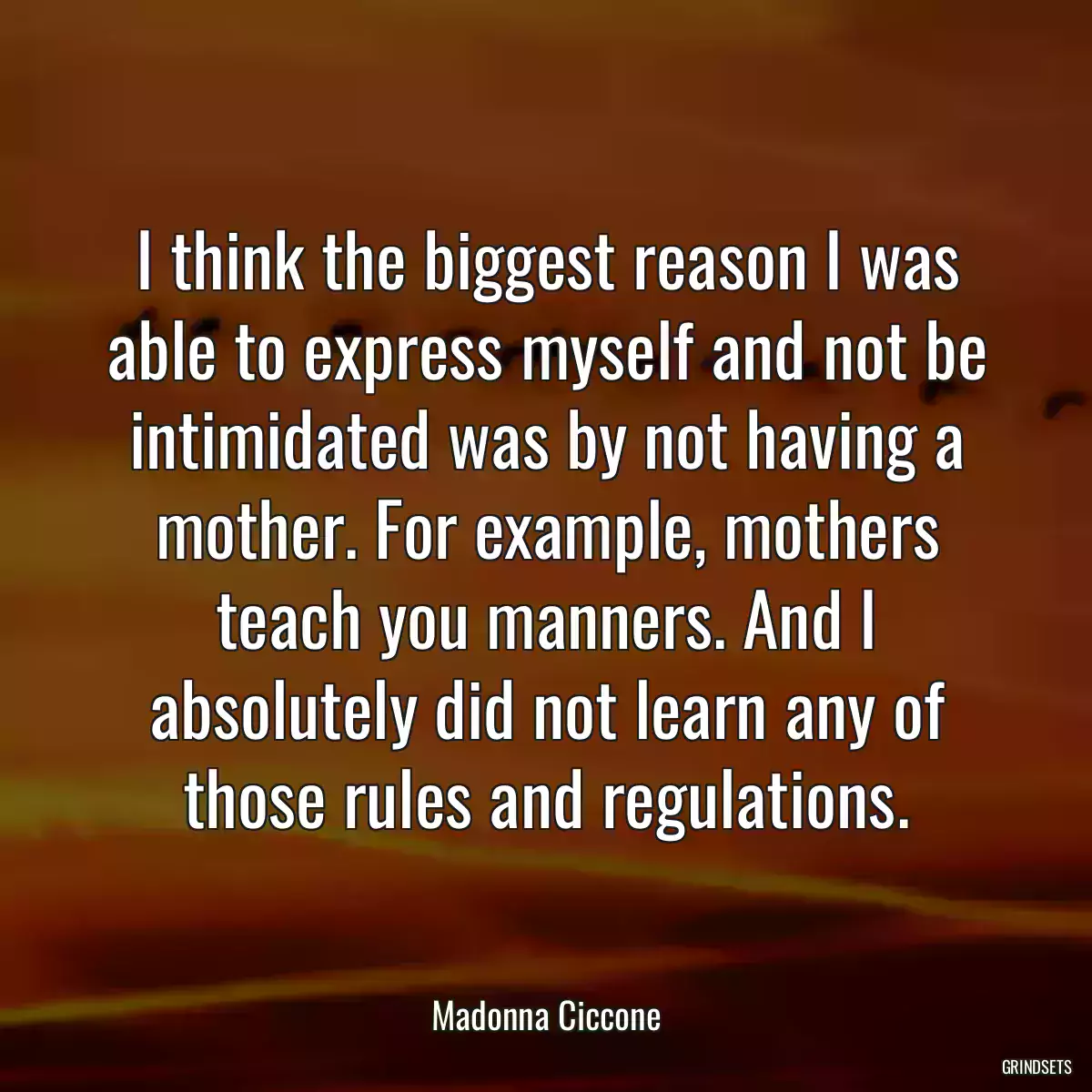 I think the biggest reason I was able to express myself and not be intimidated was by not having a mother. For example, mothers teach you manners. And I absolutely did not learn any of those rules and regulations.