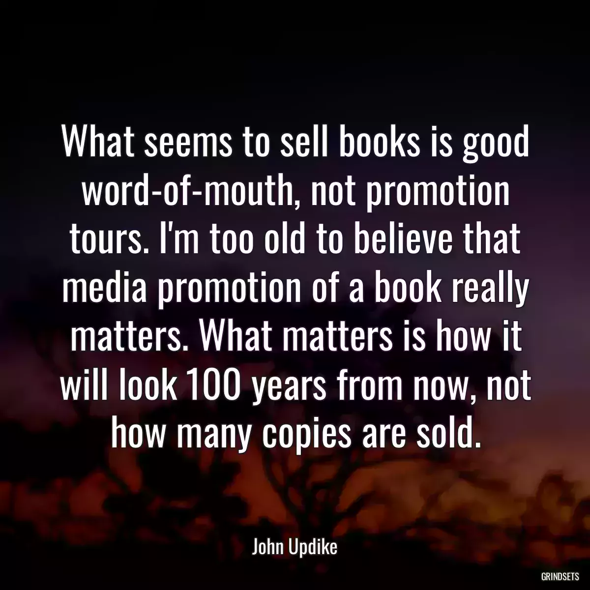 What seems to sell books is good word-of-mouth, not promotion tours. I\'m too old to believe that media promotion of a book really matters. What matters is how it will look 100 years from now, not how many copies are sold.