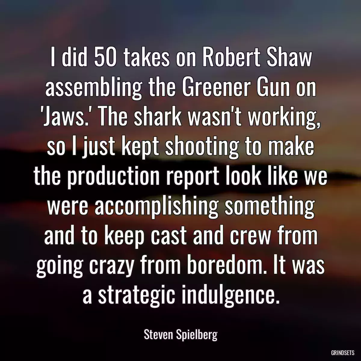 I did 50 takes on Robert Shaw assembling the Greener Gun on \'Jaws.\' The shark wasn\'t working, so I just kept shooting to make the production report look like we were accomplishing something and to keep cast and crew from going crazy from boredom. It was a strategic indulgence.