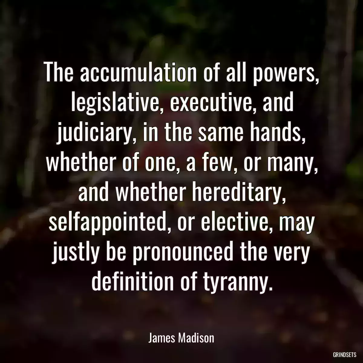 The accumulation of all powers, legislative, executive, and judiciary, in the same hands, whether of one, a few, or many, and whether hereditary, selfappointed, or elective, may justly be pronounced the very definition of tyranny.