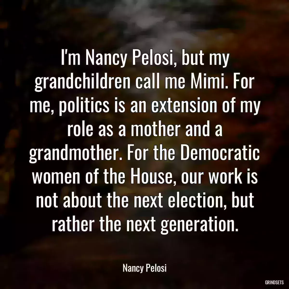 I\'m Nancy Pelosi, but my grandchildren call me Mimi. For me, politics is an extension of my role as a mother and a grandmother. For the Democratic women of the House, our work is not about the next election, but rather the next generation.