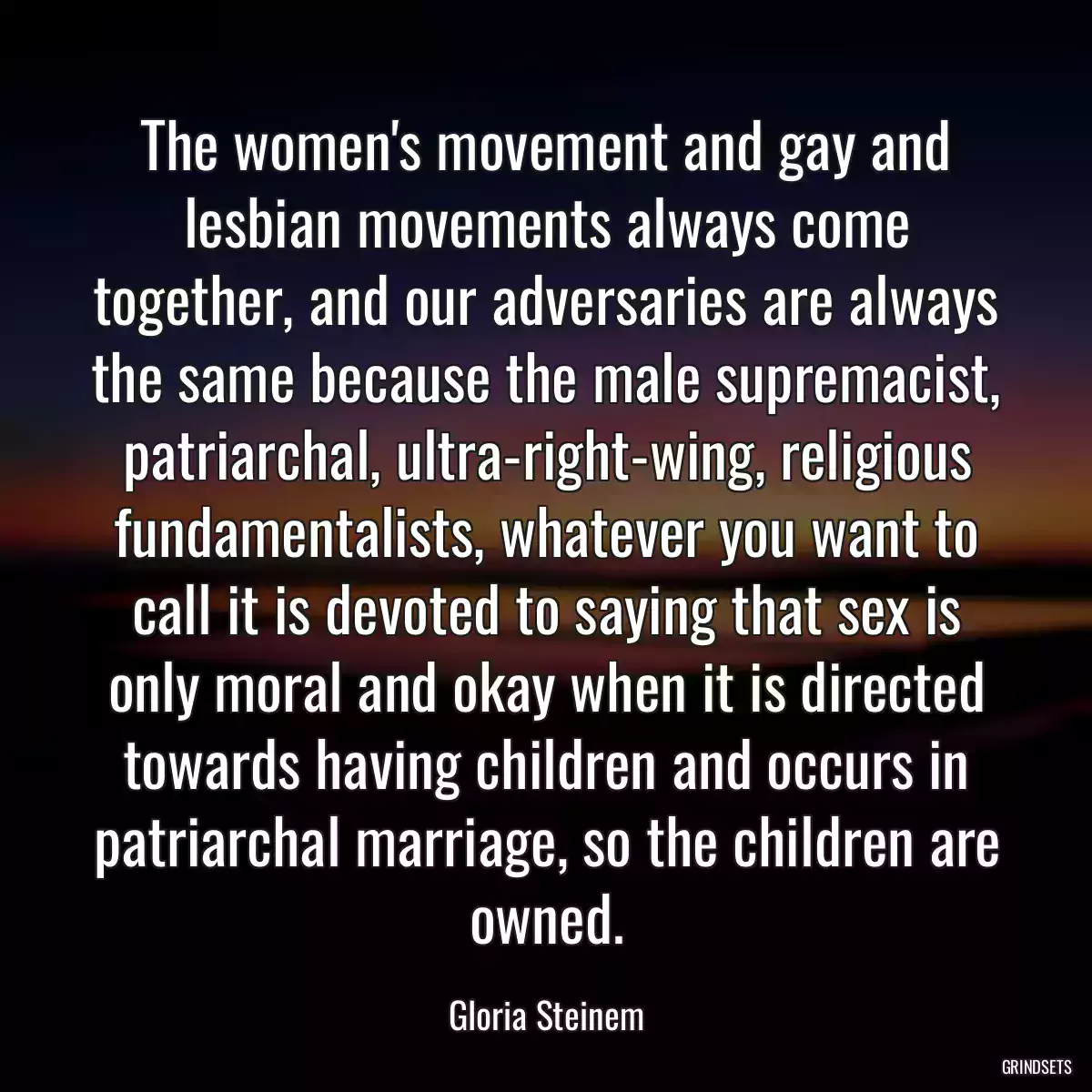 The women\'s movement and gay and lesbian movements always come together, and our adversaries are always the same because the male supremacist, patriarchal, ultra-right-wing, religious fundamentalists, whatever you want to call it is devoted to saying that sex is only moral and okay when it is directed towards having children and occurs in patriarchal marriage, so the children are owned.