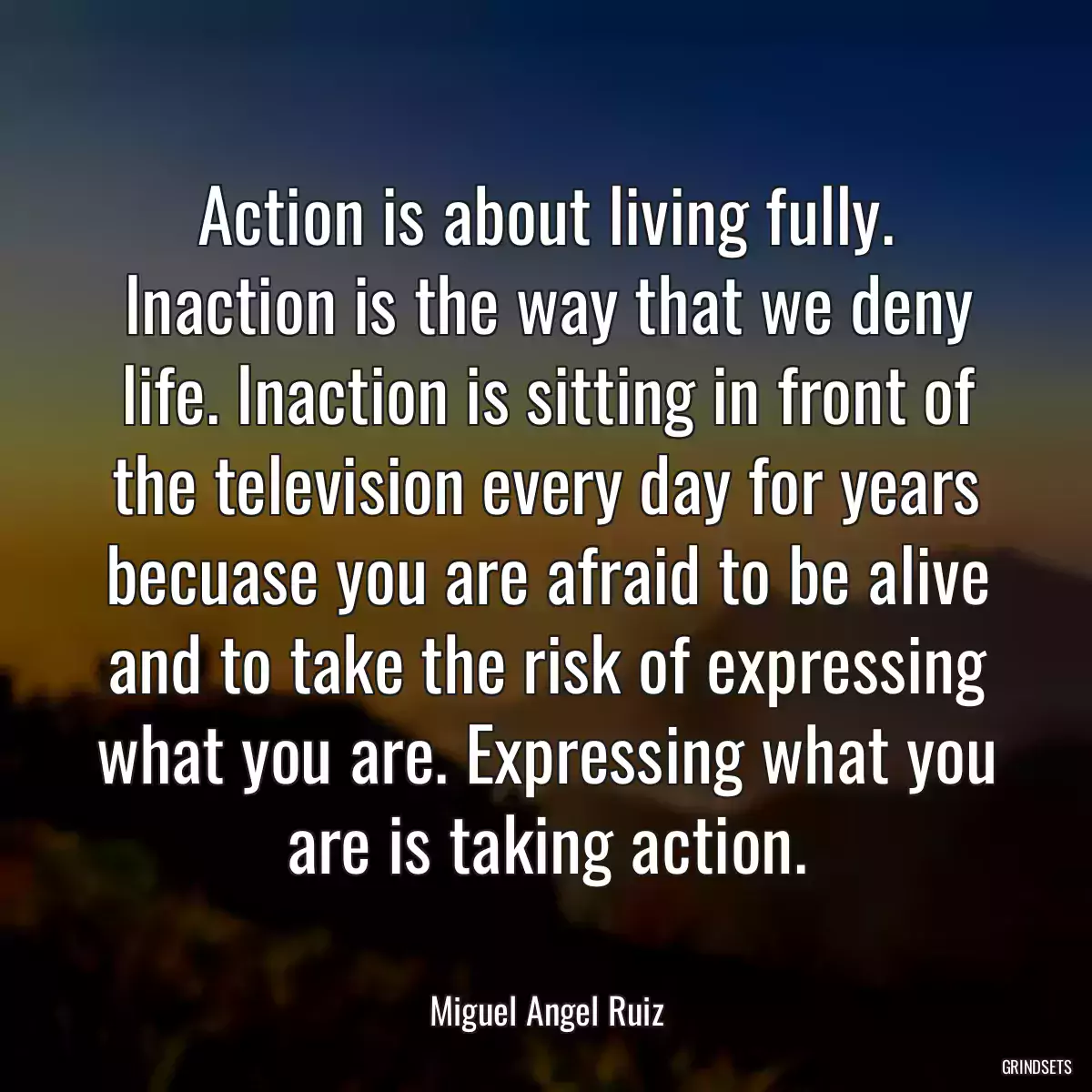 Action is about living fully. Inaction is the way that we deny life. Inaction is sitting in front of the television every day for years becuase you are afraid to be alive and to take the risk of expressing what you are. Expressing what you are is taking action.