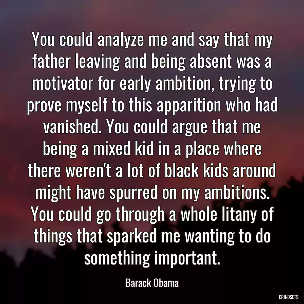 You could analyze me and say that my father leaving and being absent was a motivator for early ambition, trying to prove myself to this apparition who had vanished. You could argue that me being a mixed kid in a place where there weren\'t a lot of black kids around might have spurred on my ambitions. You could go through a whole litany of things that sparked me wanting to do something important.