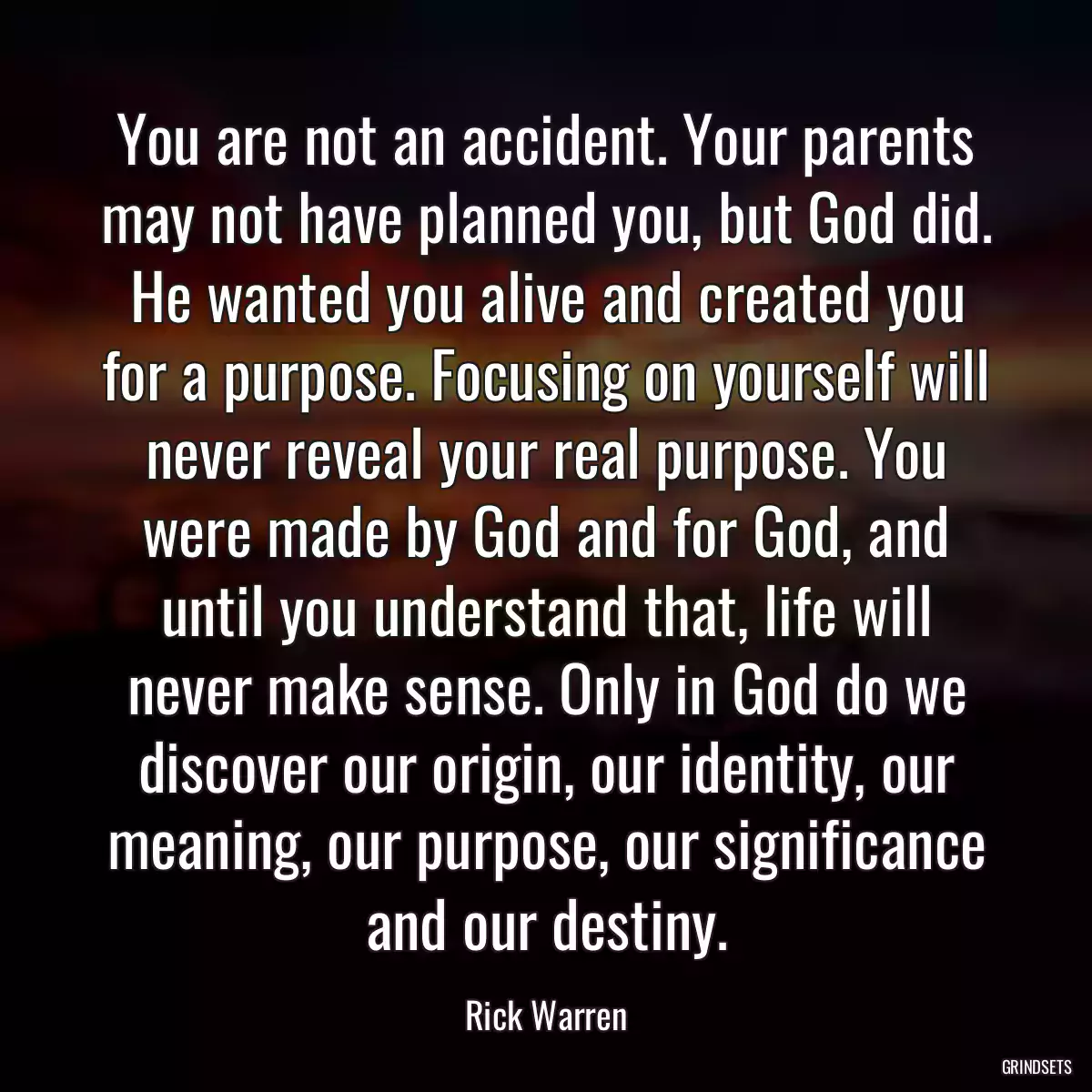 You are not an accident. Your parents may not have planned you, but God did. He wanted you alive and created you for a purpose. Focusing on yourself will never reveal your real purpose. You were made by God and for God, and until you understand that, life will never make sense. Only in God do we discover our origin, our identity, our meaning, our purpose, our significance and our destiny.