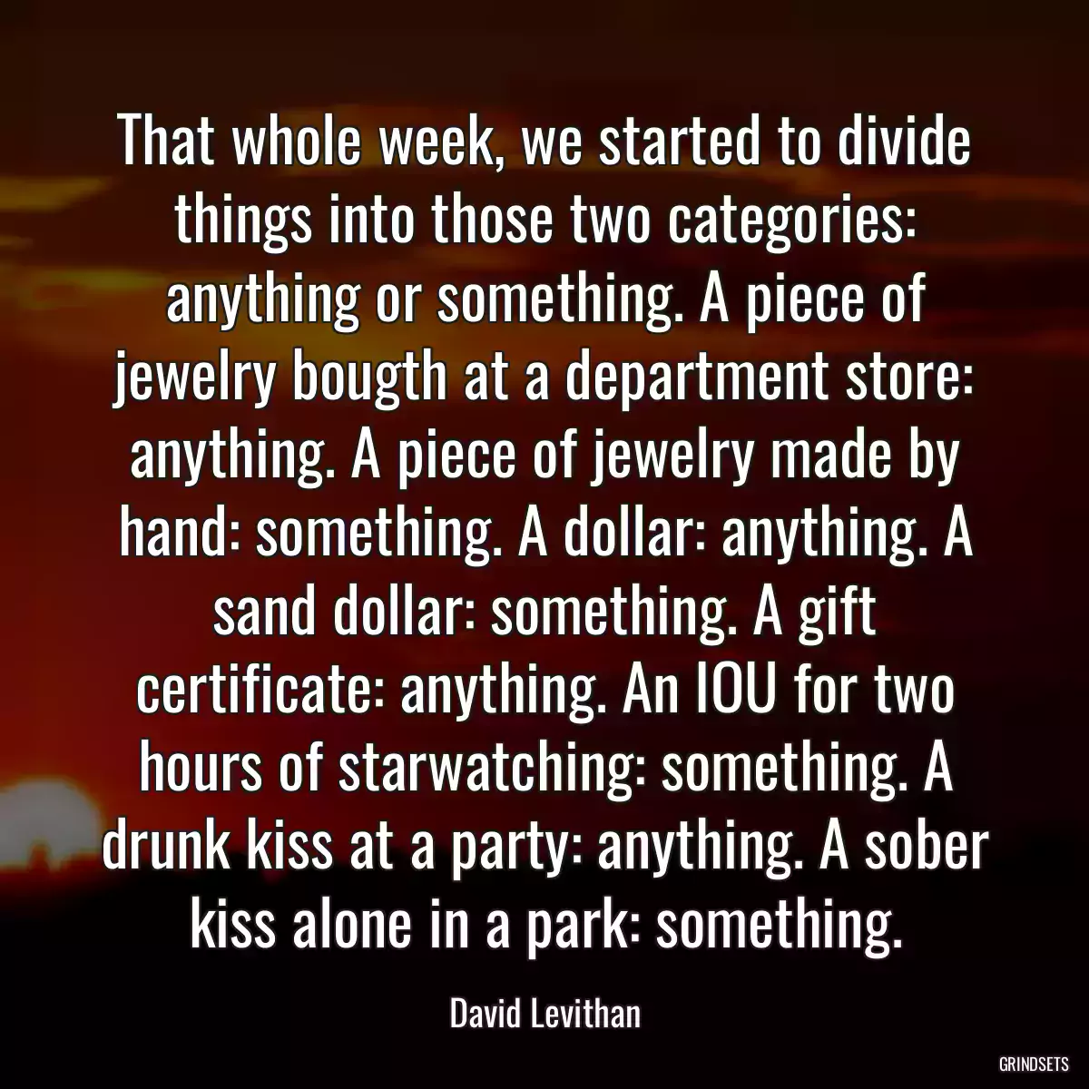 That whole week, we started to divide things into those two categories: anything or something. A piece of jewelry bougth at a department store: anything. A piece of jewelry made by hand: something. A dollar: anything. A sand dollar: something. A gift certificate: anything. An IOU for two hours of starwatching: something. A drunk kiss at a party: anything. A sober kiss alone in a park: something.