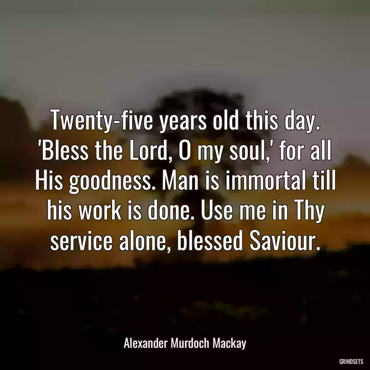 Twenty-five years old this day. \'Bless the Lord, O my soul,\' for all His goodness. Man is immortal till his work is done. Use me in Thy service alone, blessed Saviour.