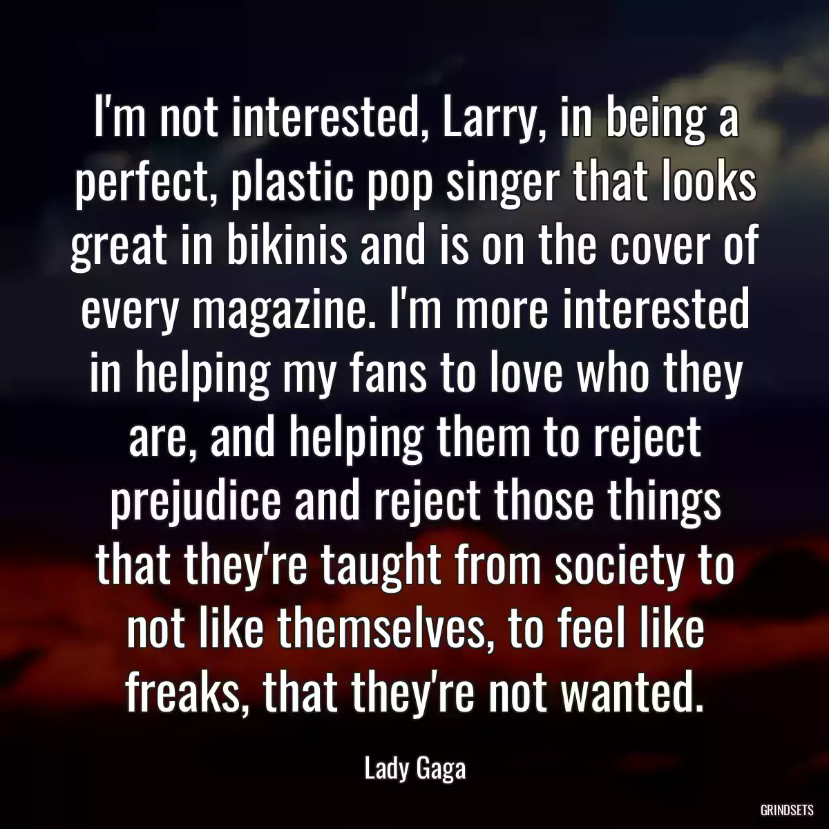 I\'m not interested, Larry, in being a perfect, plastic pop singer that looks great in bikinis and is on the cover of every magazine. I\'m more interested in helping my fans to love who they are, and helping them to reject prejudice and reject those things that they\'re taught from society to not like themselves, to feel like freaks, that they\'re not wanted.