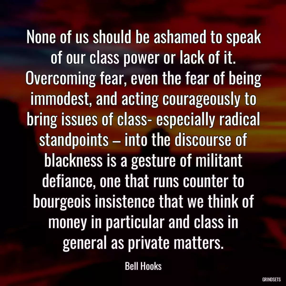 None of us should be ashamed to speak of our class power or lack of it. Overcoming fear, even the fear of being immodest, and acting courageously to bring issues of class- especially radical standpoints – into the discourse of blackness is a gesture of militant defiance, one that runs counter to bourgeois insistence that we think of money in particular and class in general as private matters.