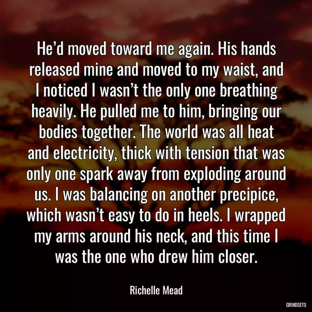 He’d moved toward me again. His hands released mine and moved to my waist, and I noticed I wasn’t the only one breathing heavily. He pulled me to him, bringing our bodies together. The world was all heat and electricity, thick with tension that was only one spark away from exploding around us. I was balancing on another precipice, which wasn’t easy to do in heels. I wrapped my arms around his neck, and this time I was the one who drew him closer.