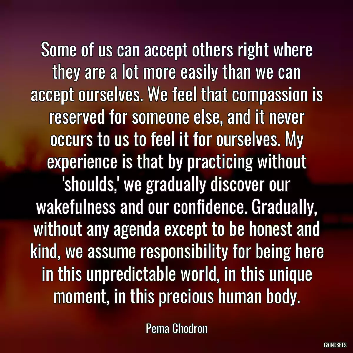 Some of us can accept others right where they are a lot more easily than we can accept ourselves. We feel that compassion is reserved for someone else, and it never occurs to us to feel it for ourselves. My experience is that by practicing without \'shoulds,\' we gradually discover our wakefulness and our confidence. Gradually, without any agenda except to be honest and kind, we assume responsibility for being here in this unpredictable world, in this unique moment, in this precious human body.