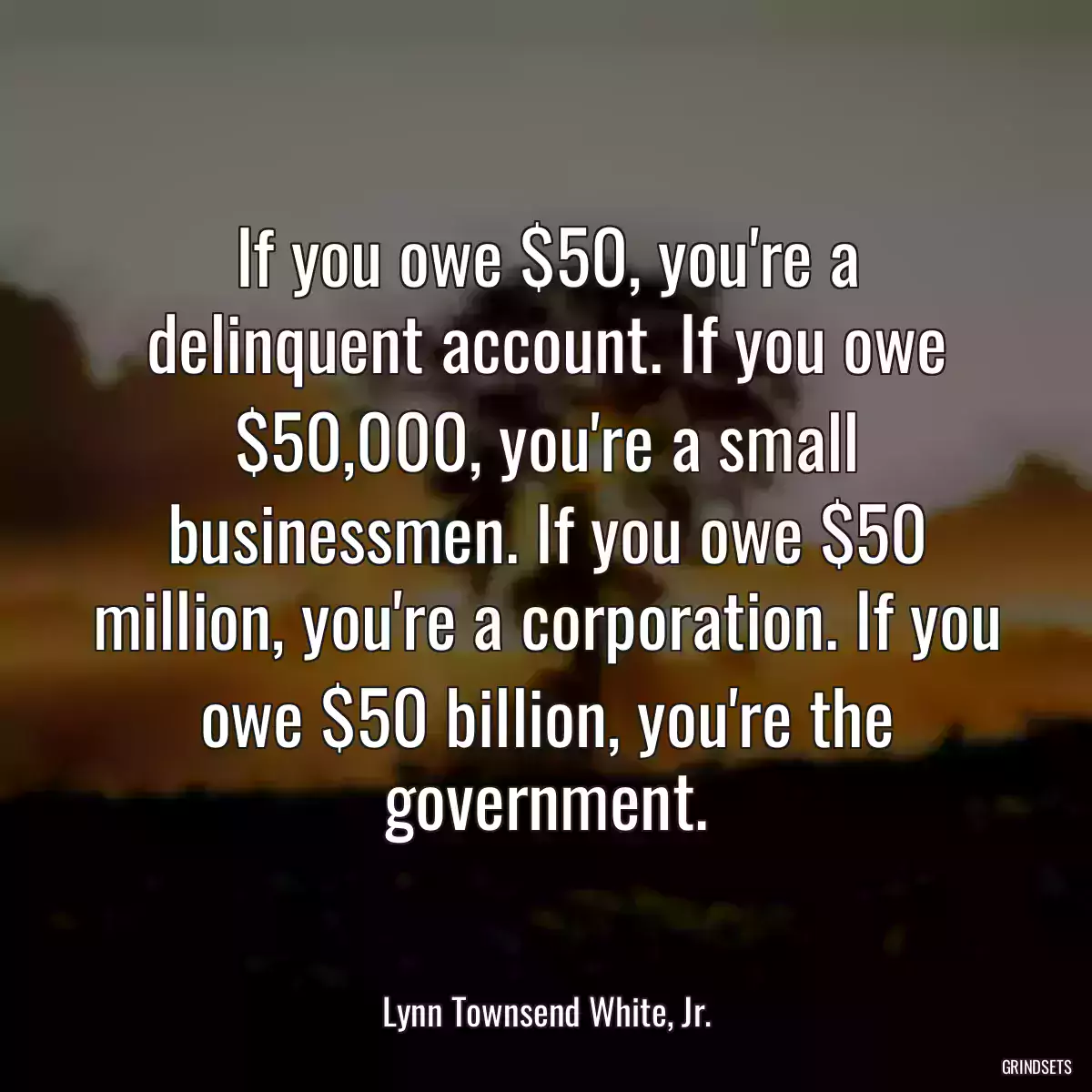 If you owe $50, you\'re a delinquent account. If you owe $50,000, you\'re a small businessmen. If you owe $50 million, you\'re a corporation. If you owe $50 billion, you\'re the government.