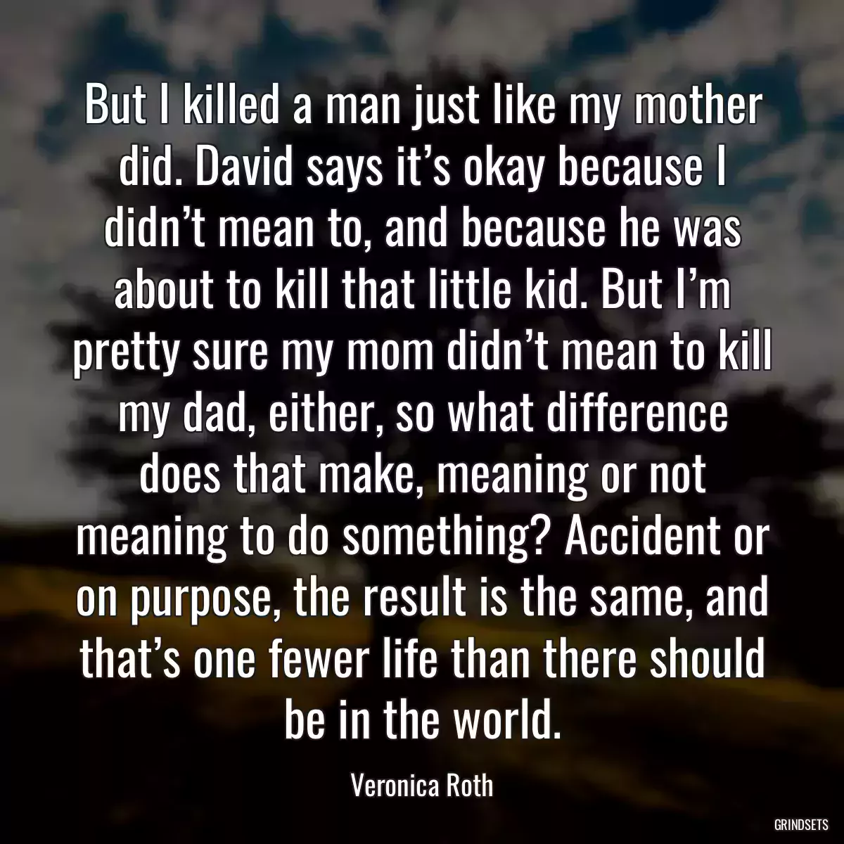 But I killed a man just like my mother did. David says it’s okay because I didn’t mean to, and because he was about to kill that little kid. But I’m pretty sure my mom didn’t mean to kill my dad, either, so what difference does that make, meaning or not meaning to do something? Accident or on purpose, the result is the same, and that’s one fewer life than there should be in the world.