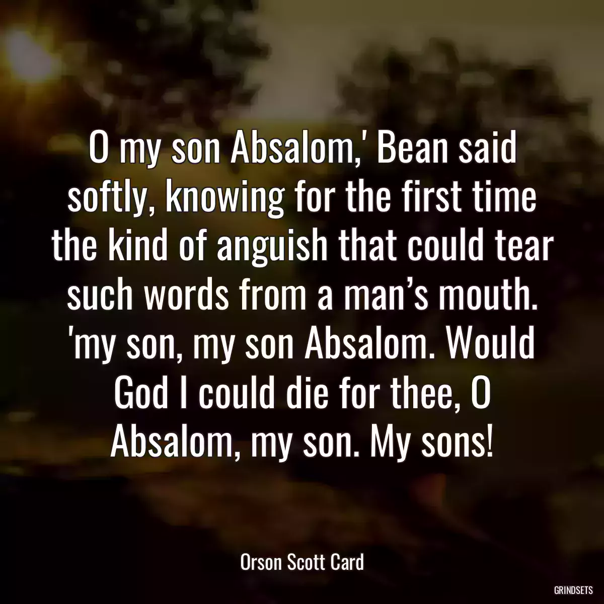 O my son Absalom,\' Bean said softly, knowing for the first time the kind of anguish that could tear such words from a man’s mouth. \'my son, my son Absalom. Would God I could die for thee, O Absalom, my son. My sons!