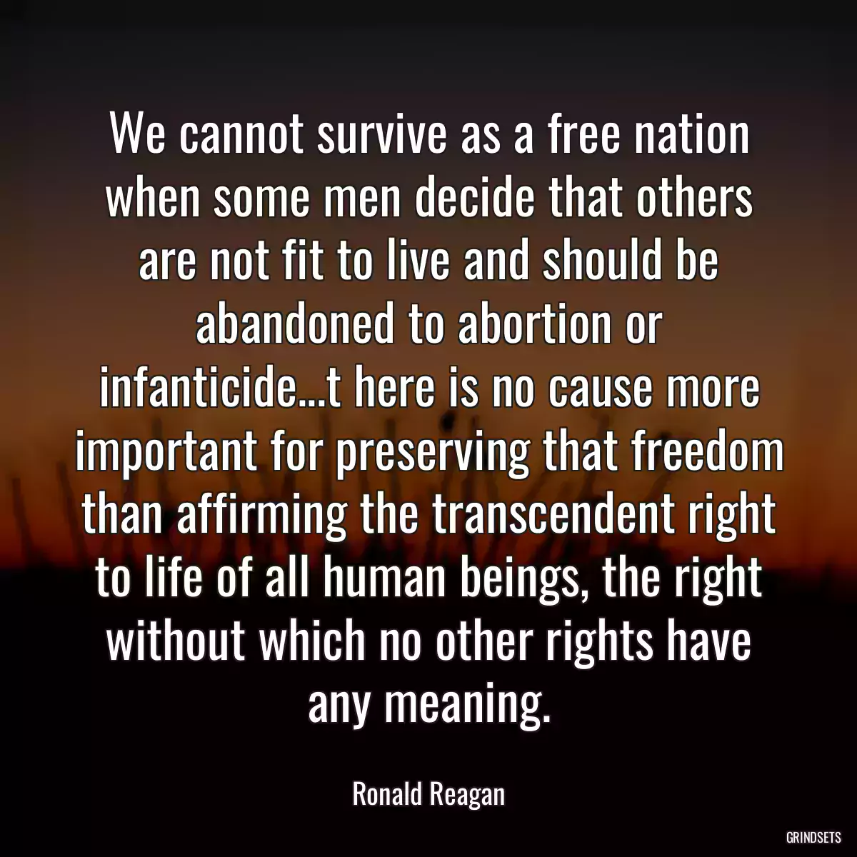 We cannot survive as a free nation when some men decide that others are not fit to live and should be abandoned to abortion or infanticide...t here is no cause more important for preserving that freedom than affirming the transcendent right to life of all human beings, the right without which no other rights have any meaning.