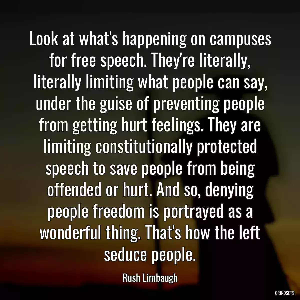 Look at what\'s happening on campuses for free speech. They\'re literally, literally limiting what people can say, under the guise of preventing people from getting hurt feelings. They are limiting constitutionally protected speech to save people from being offended or hurt. And so, denying people freedom is portrayed as a wonderful thing. That\'s how the left seduce people.