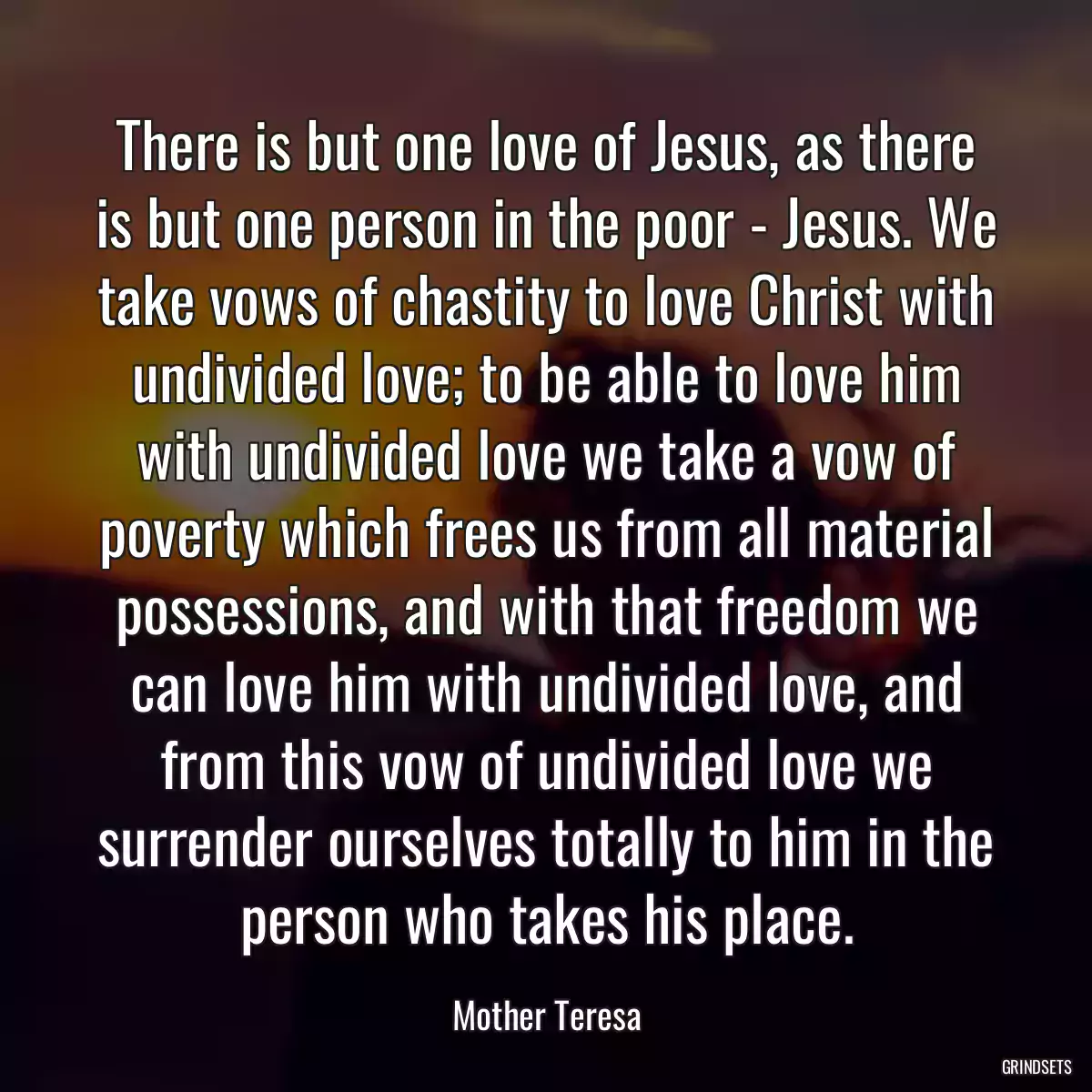 There is but one love of Jesus, as there is but one person in the poor - Jesus. We take vows of chastity to love Christ with undivided love; to be able to love him with undivided love we take a vow of poverty which frees us from all material possessions, and with that freedom we can love him with undivided love, and from this vow of undivided love we surrender ourselves totally to him in the person who takes his place.