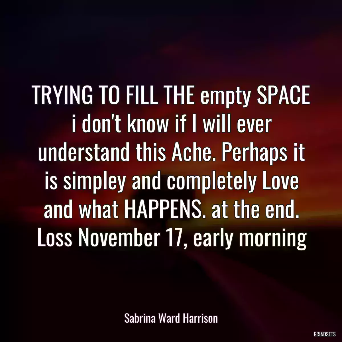 TRYING TO FILL THE empty SPACE i don\'t know if I will ever understand this Ache. Perhaps it is simpley and completely Love and what HAPPENS. at the end. Loss November 17, early morning