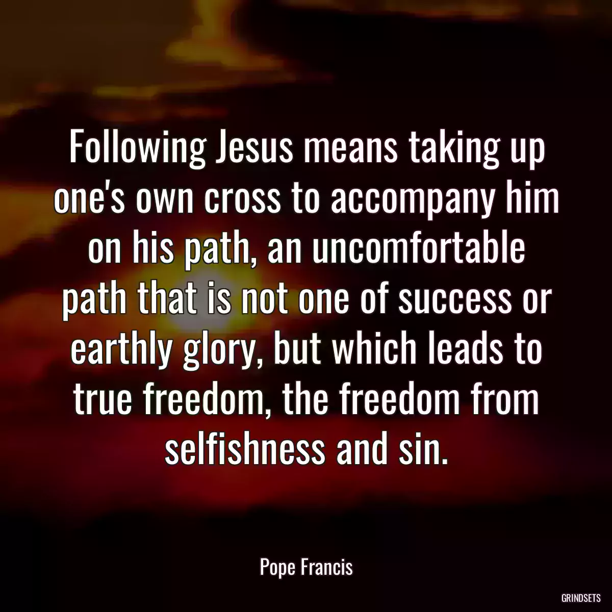 Following Jesus means taking up one\'s own cross to accompany him on his path, an uncomfortable path that is not one of success or earthly glory, but which leads to true freedom, the freedom from selfishness and sin.