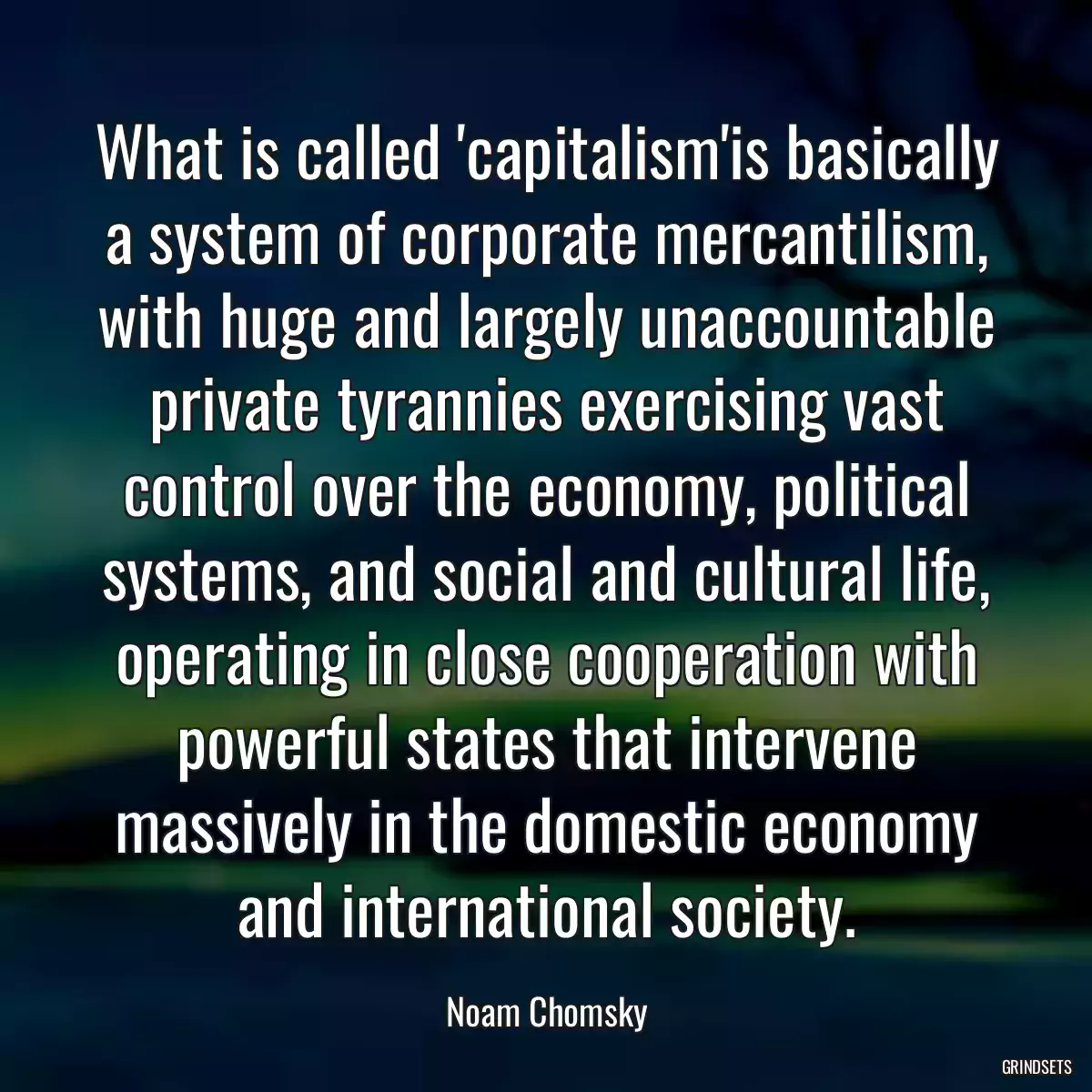 What is called \'capitalism\'is basically a system of corporate mercantilism, with huge and largely unaccountable private tyrannies exercising vast control over the economy, political systems, and social and cultural life, operating in close cooperation with powerful states that intervene massively in the domestic economy and international society.