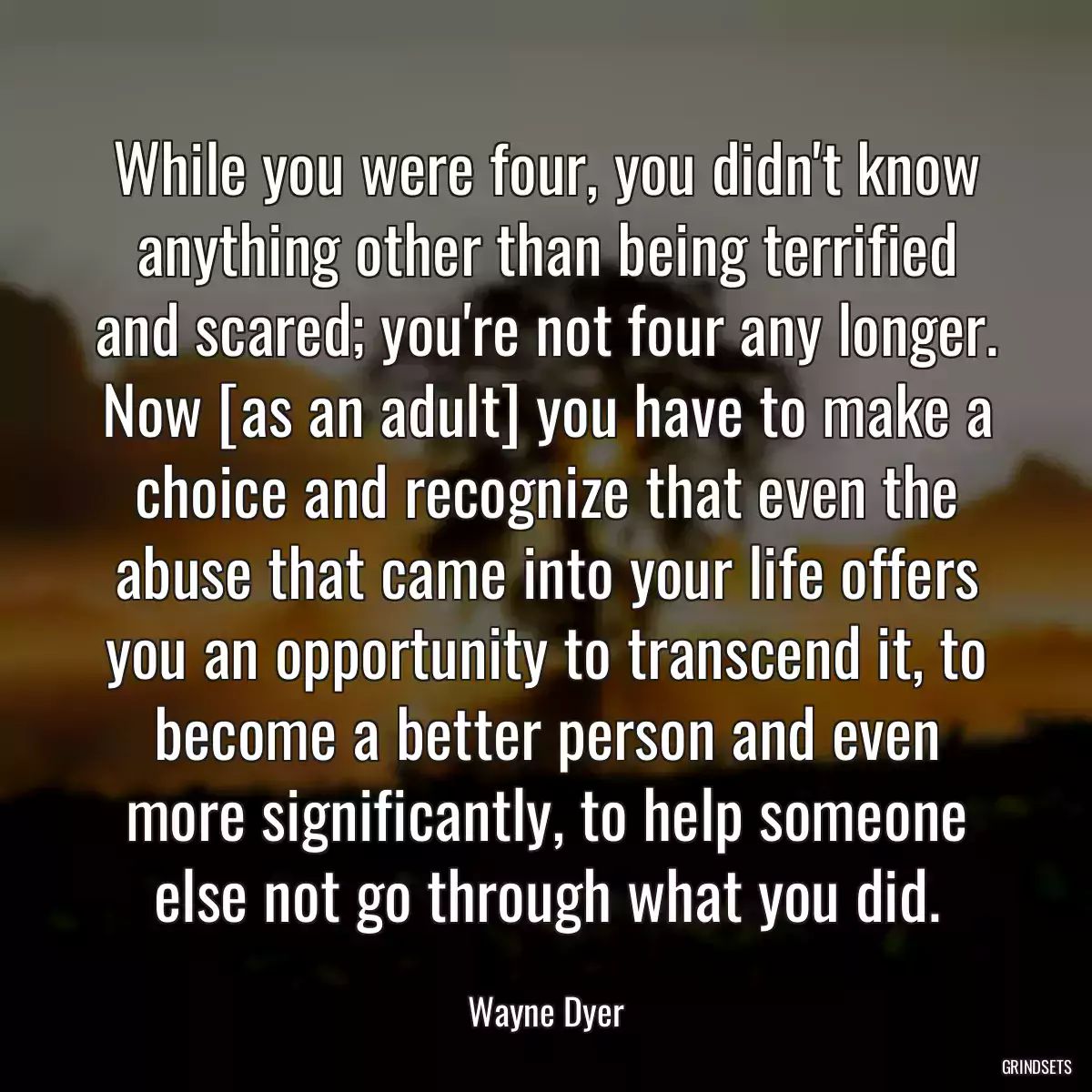 While you were four, you didn\'t know anything other than being terrified and scared; you\'re not four any longer. Now [as an adult] you have to make a choice and recognize that even the abuse that came into your life offers you an opportunity to transcend it, to become a better person and even more significantly, to help someone else not go through what you did.