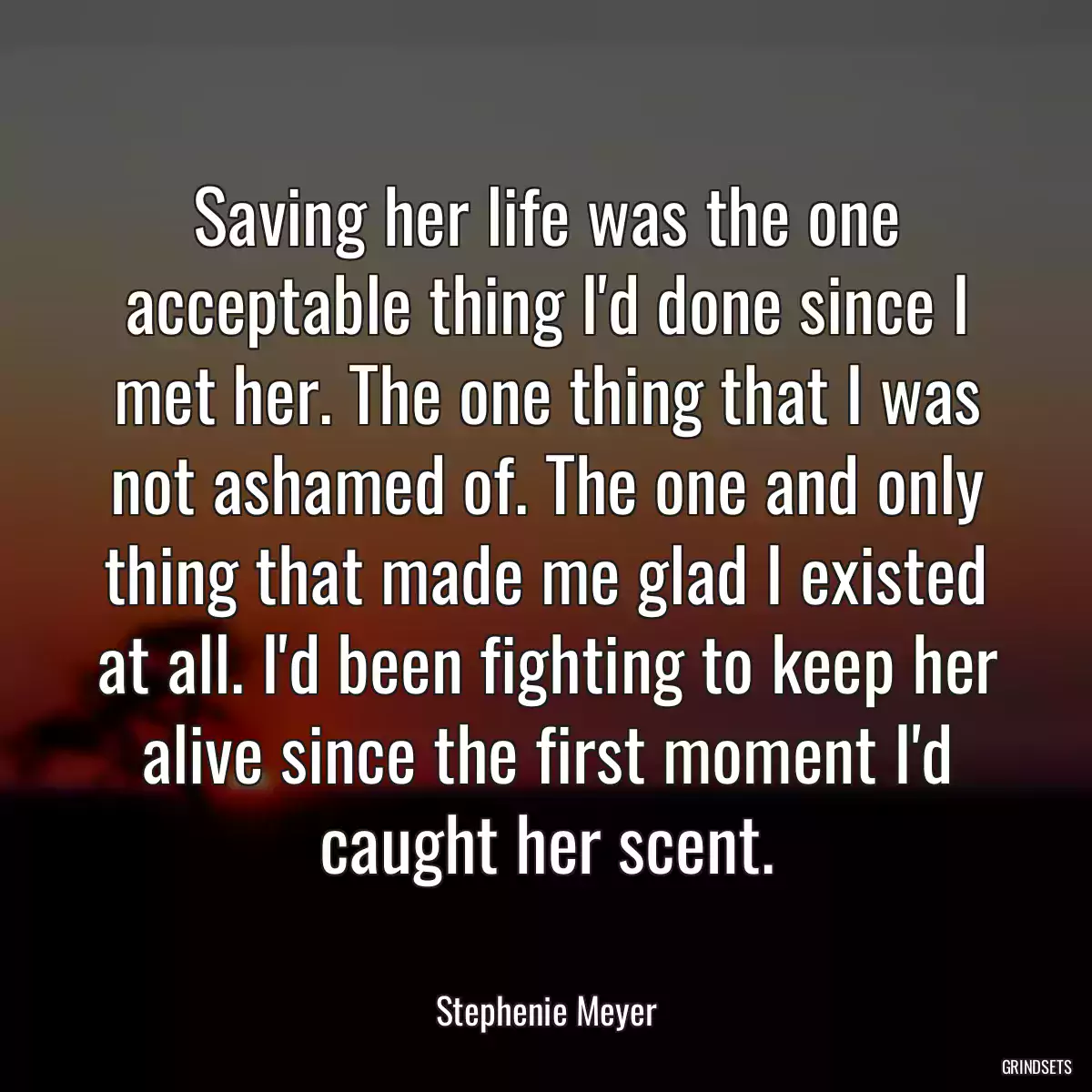 Saving her life was the one acceptable thing I\'d done since I met her. The one thing that I was not ashamed of. The one and only thing that made me glad I existed at all. I\'d been fighting to keep her alive since the first moment I\'d caught her scent.