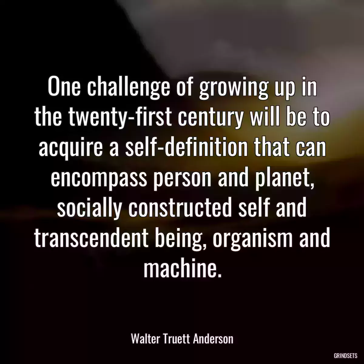 One challenge of growing up in the twenty-first century will be to acquire a self-definition that can encompass person and planet, socially constructed self and transcendent being, organism and machine.