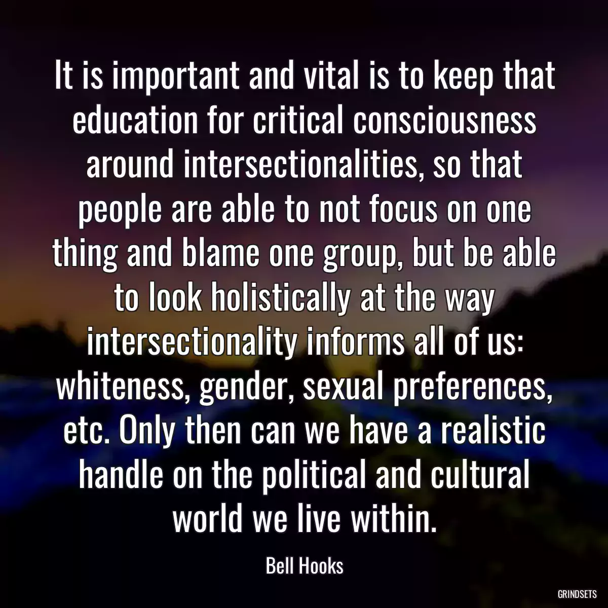 It is important and vital is to keep that education for critical consciousness around intersectionalities, so that people are able to not focus on one thing and blame one group, but be able to look holistically at the way intersectionality informs all of us: whiteness, gender, sexual preferences, etc. Only then can we have a realistic handle on the political and cultural world we live within.