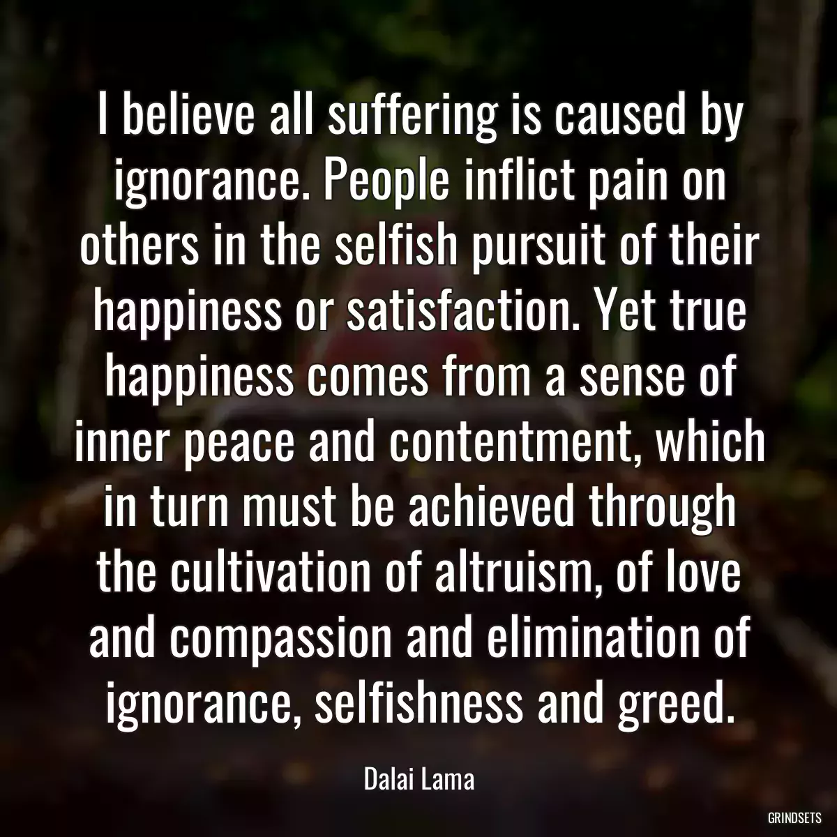 I believe all suffering is caused by ignorance. People inflict pain on others in the selfish pursuit of their happiness or satisfaction. Yet true happiness comes from a sense of inner peace and contentment, which in turn must be achieved through the cultivation of altruism, of love and compassion and elimination of ignorance, selfishness and greed.