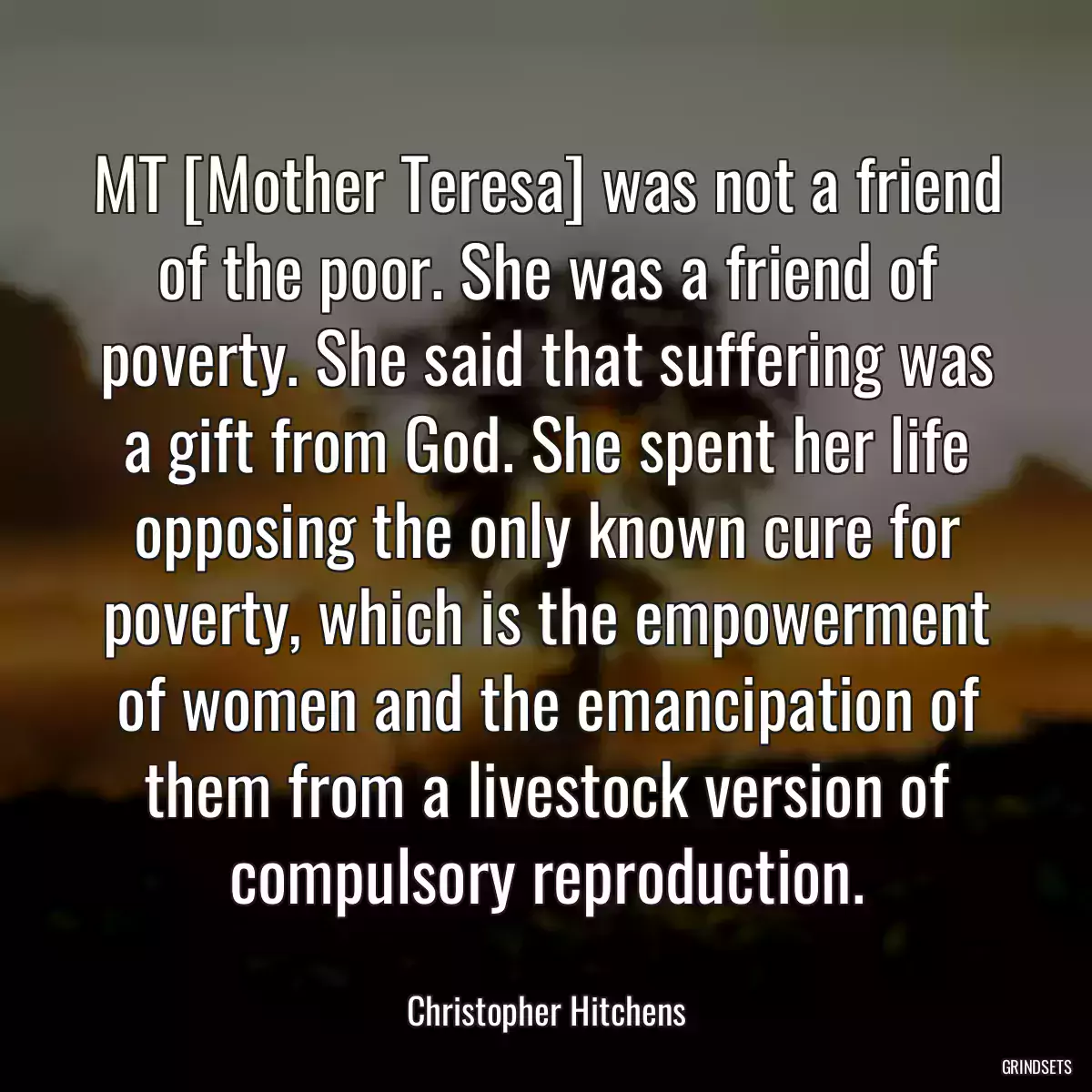 MT [Mother Teresa] was not a friend of the poor. She was a friend of poverty. She said that suffering was a gift from God. She spent her life opposing the only known cure for poverty, which is the empowerment of women and the emancipation of them from a livestock version of compulsory reproduction.