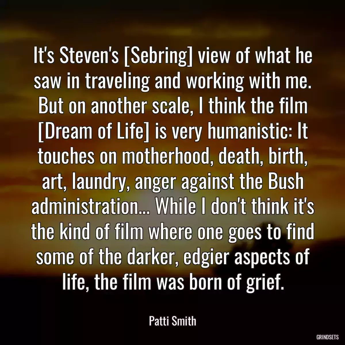 It\'s Steven\'s [Sebring] view of what he saw in traveling and working with me. But on another scale, I think the film [Dream of Life] is very humanistic: It touches on motherhood, death, birth, art, laundry, anger against the Bush administration... While I don\'t think it\'s the kind of film where one goes to find some of the darker, edgier aspects of life, the film was born of grief.