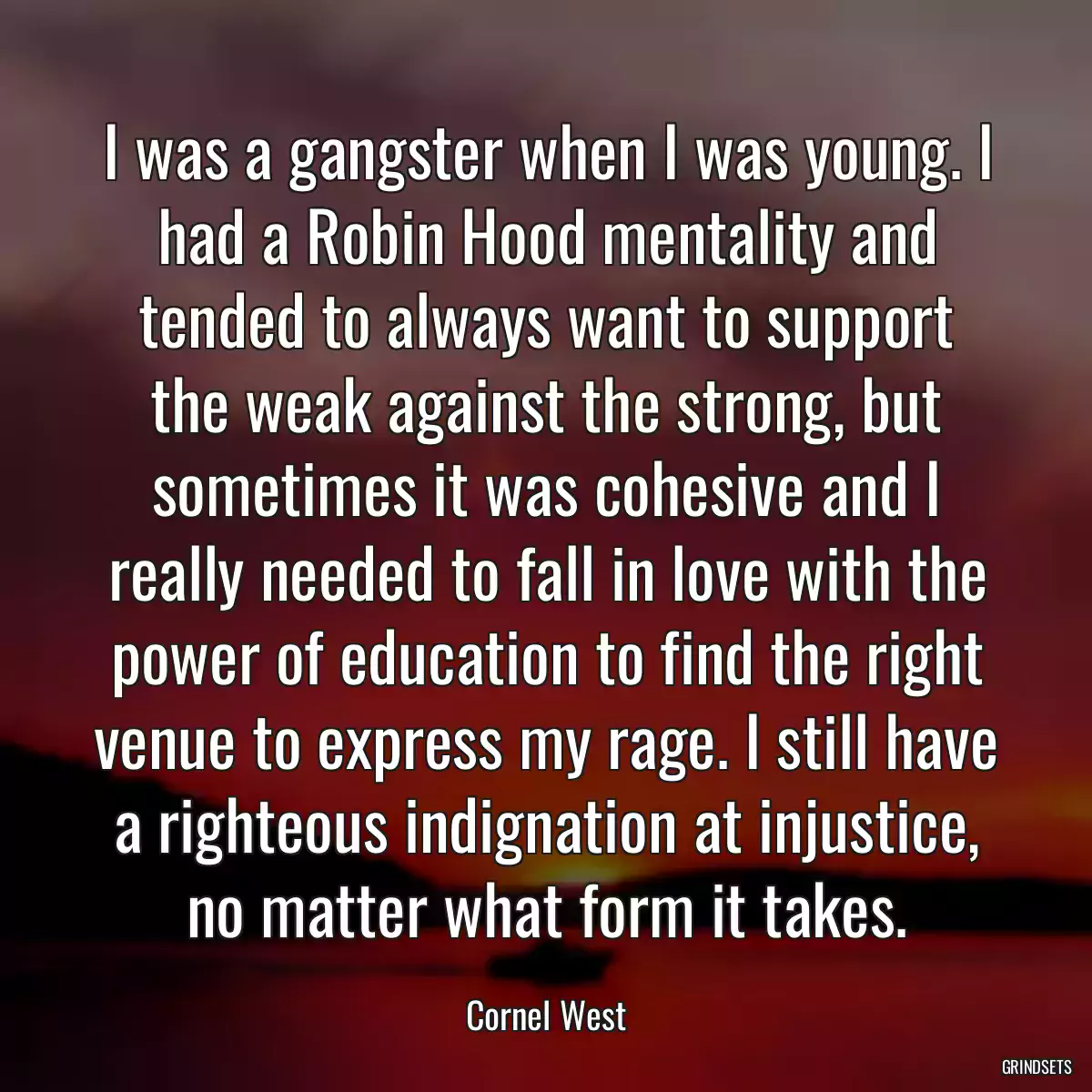 I was a gangster when I was young. I had a Robin Hood mentality and tended to always want to support the weak against the strong, but sometimes it was cohesive and I really needed to fall in love with the power of education to find the right venue to express my rage. I still have a righteous indignation at injustice, no matter what form it takes.