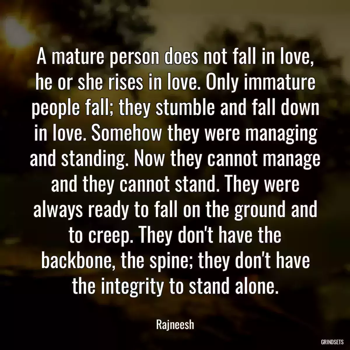 A mature person does not fall in love, he or she rises in love. Only immature people fall; they stumble and fall down in love. Somehow they were managing and standing. Now they cannot manage and they cannot stand. They were always ready to fall on the ground and to creep. They don\'t have the backbone, the spine; they don\'t have the integrity to stand alone.