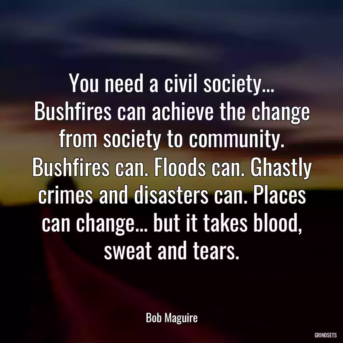 You need a civil society... Bushfires can achieve the change from society to community. Bushfires can. Floods can. Ghastly crimes and disasters can. Places can change... but it takes blood, sweat and tears.