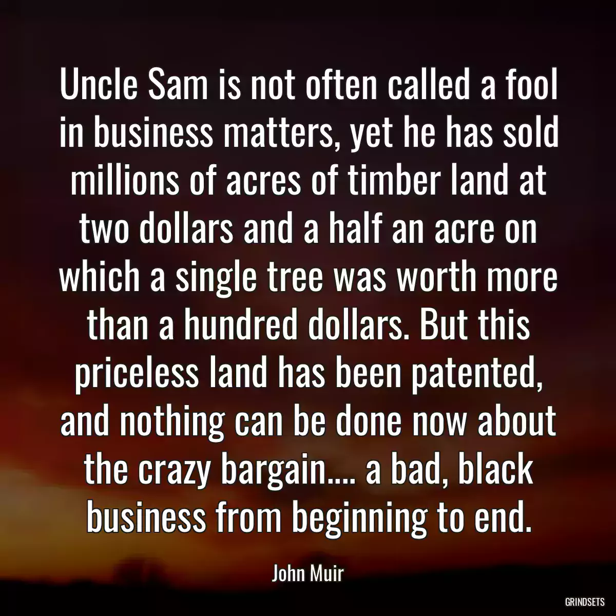 Uncle Sam is not often called a fool in business matters, yet he has sold millions of acres of timber land at two dollars and a half an acre on which a single tree was worth more than a hundred dollars. But this priceless land has been patented, and nothing can be done now about the crazy bargain.... a bad, black business from beginning to end.