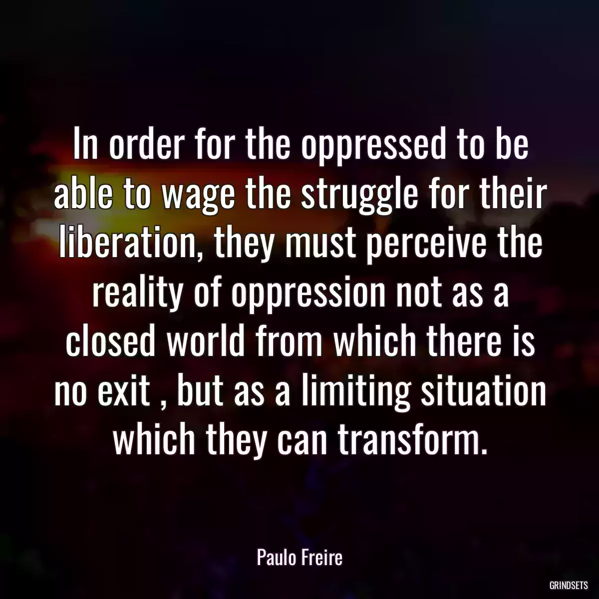 In order for the oppressed to be able to wage the struggle for their liberation, they must perceive the reality of oppression not as a closed world from which there is no exit , but as a limiting situation which they can transform.